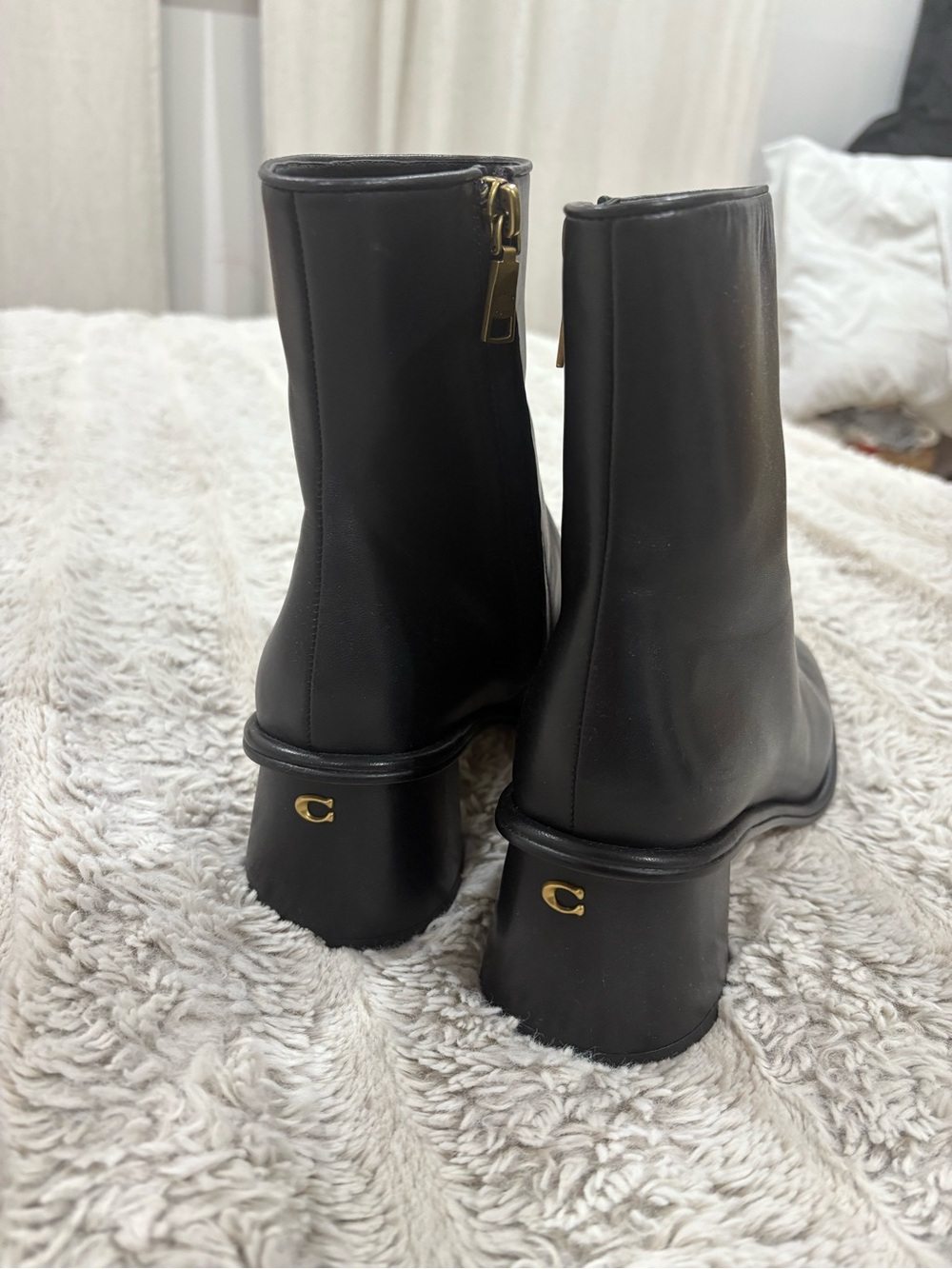 Coach Gigi Black Leather Block Heel Ankle Boots with Gold Accents